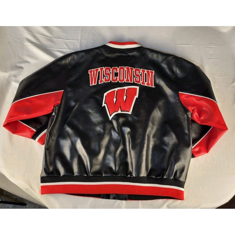 Wisconsin Badgers Mens 2XL Faux Leather Jacket Lightly Insulated